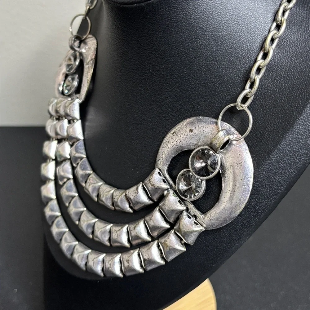Silver Brutalist Rhinestone Collar Statement Necklace